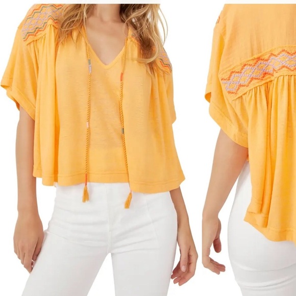 5. Free People Market Embroidered V Neck Top in Carrot Ginger, Size Large - Picture 3 of 17
